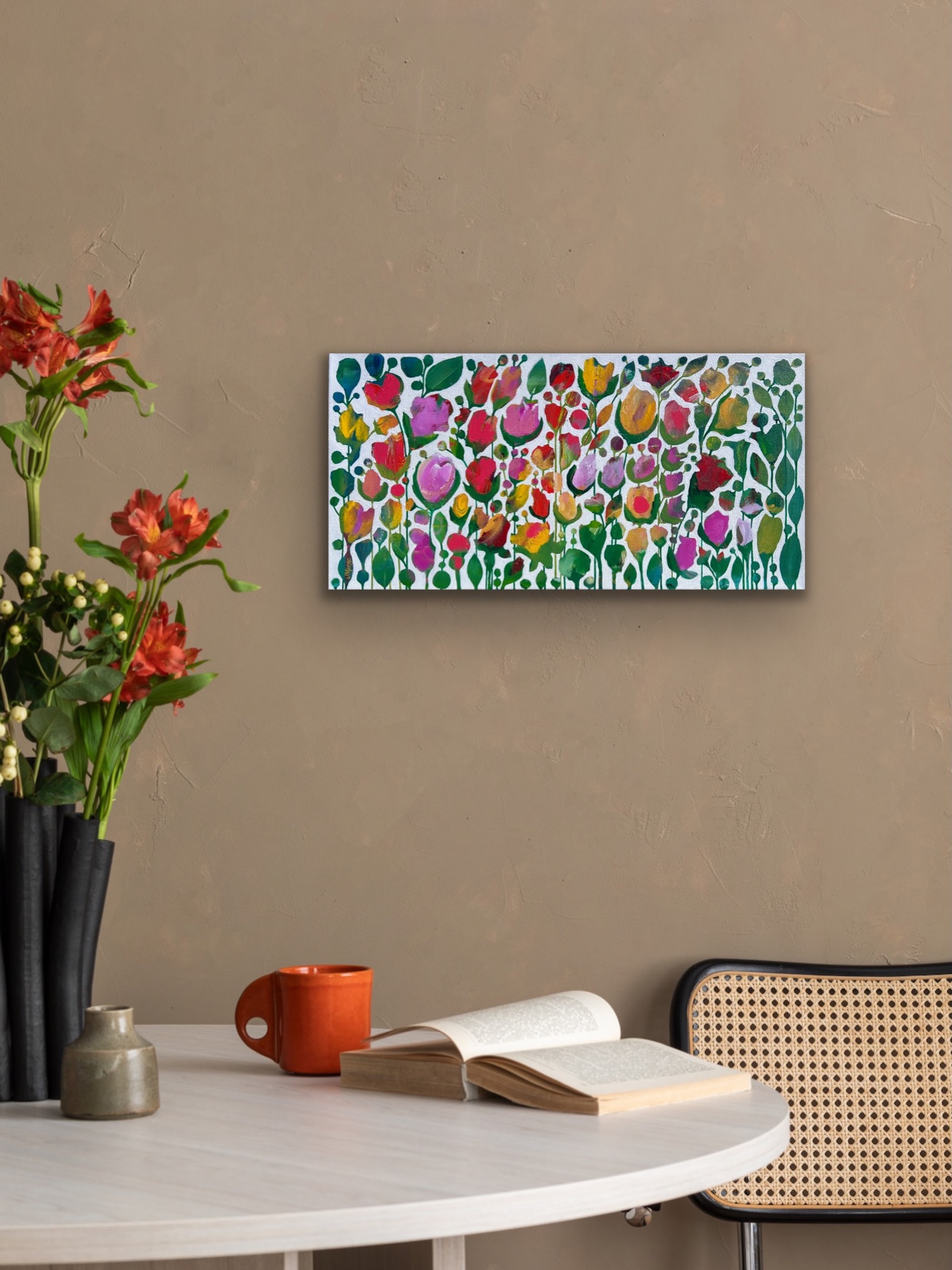 “Forever in the Moment,” 12x24 acrylic on canvas 🩷 Available at @maineartcollective on Middle Street in the Old Port! We’ll be open this Friday through December. 🖼️ 🌷🌲 #portlandmaine #forevergrateful #itsthelittlethings #girlie #birthdaycelebration
