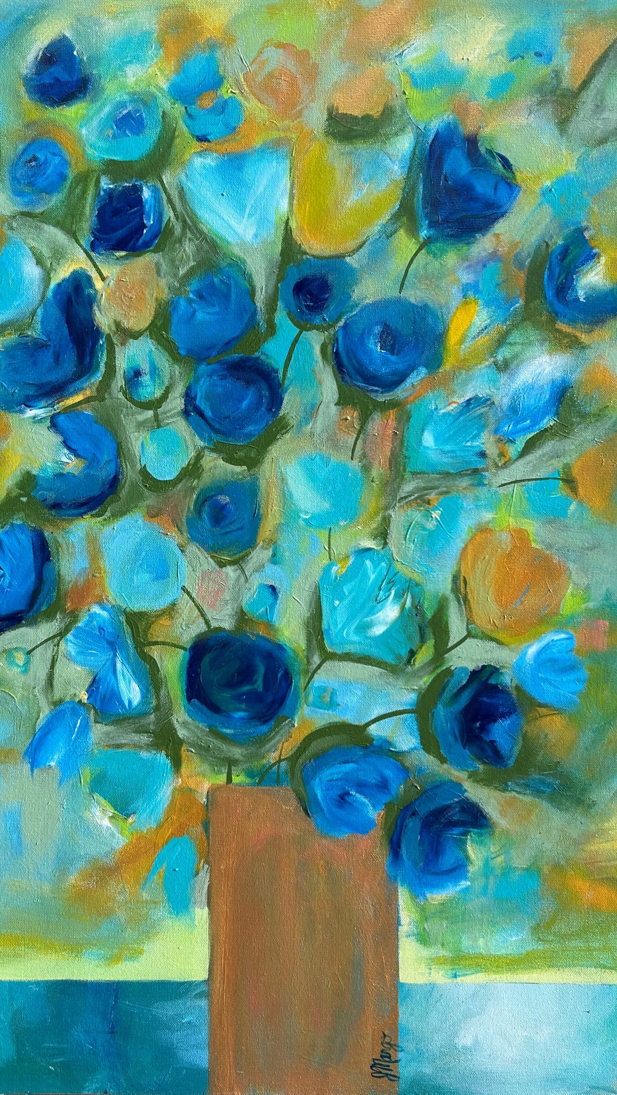 Ragtime36 × 24 inches | Acrylic on canvasOlive-painted sidesThere’s a rhythm to this one! Bold blues dance across a lively backdrop of turquoise, green, and syncopated golden ochre, creating a composition that’s playful, energetic, and full of movement. This is the beginning of a series of paintings in which I’m experimenting with using a cloth rag and my hands as painting tools. This “rag painting” invited a really fun improvisation, with organic shapes emerging along the way. Thanks to my gallery mate David for the perfect title and his thoughtful creative insight along the way. Follow his artwork at @bigfins 🎨 Ragtime is available on my website, or if you’re in Portland check it out at @maineartcollective 💙 #collectmaineart #ragtime #bluedecor #decorate #original