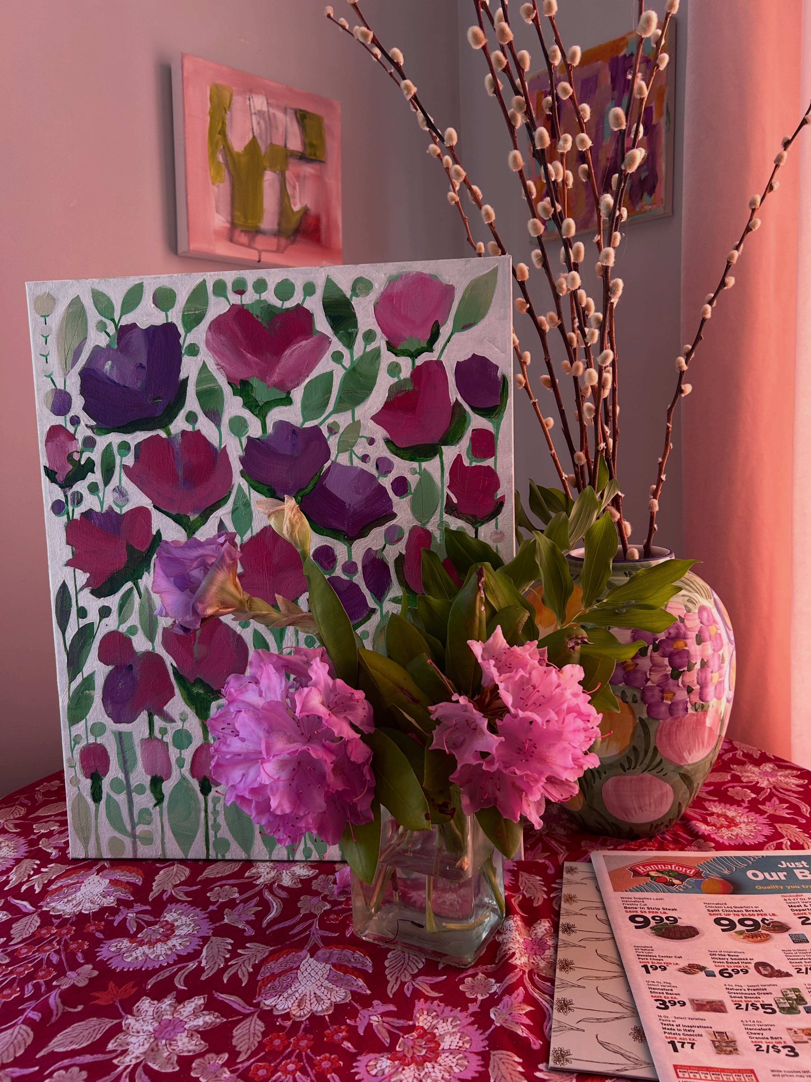 Artist life blends in beautiful ways. #paint #pinkandpurple #itsabeautifullife #rhodondendron #homedecorating