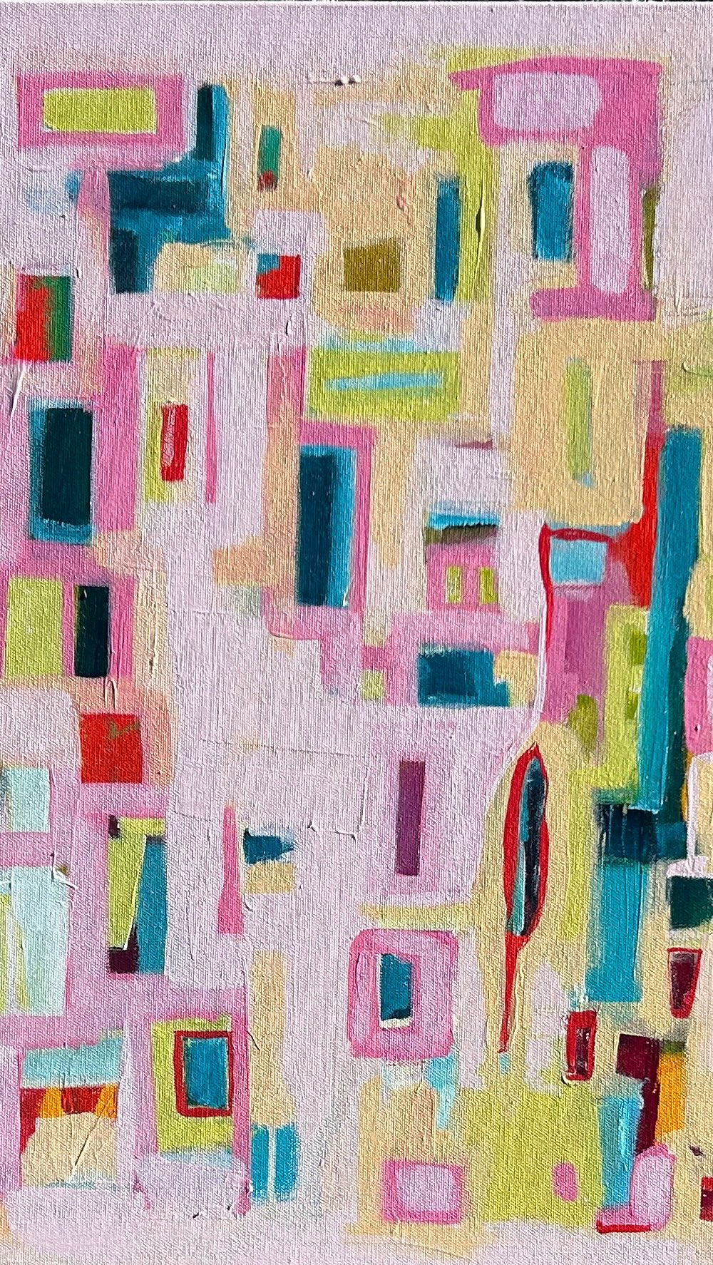 This whimsical, layered painting began (as what looked to me) like a painting full of people. As I continued working, windows and doorways began to emerge, almost as though I were creating places for all those people to belong. It became a playful collection of shapes and spaces, paintings within the painting, each with its own character and story. I originally called it “All the Lonely People,” but as the painting evolved, the people seemed to find their place, and became “All the Lovely People.”I almost renamed it “Old Port” after noticing a part that reminded me of a photo I took of light reflecting off a building on Union Street. The resemblance emerged unintentionally, but I couldn’t resist enhancing it! I’ve included a photo of the reflection alongside the corresponding detail in the painting.There’s so much to discover in this one, and I hope you’ll enjoy exploring it as much as I enjoyed creating it.“All the Lovely People,” 24x48 Acrylic on Canvas, available at @maineartcollective in #portland #maine#abstract #windowsanddoors #people
